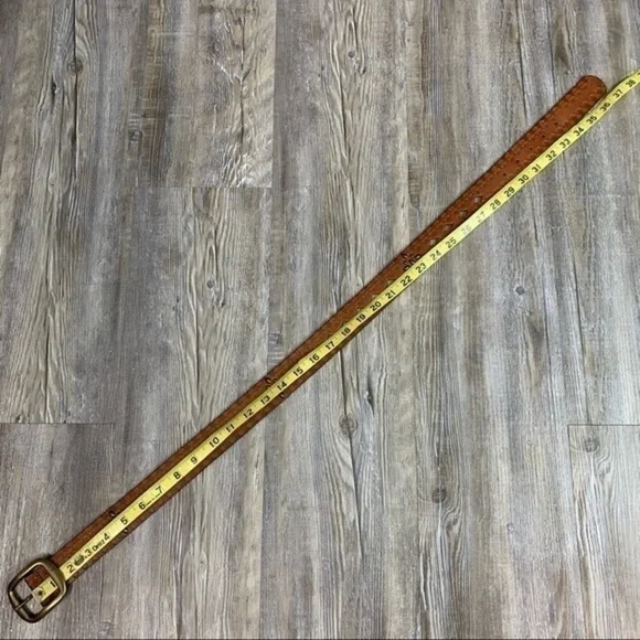 Brown Tooled Punched Leather Belt Gold Tone Metal Hardware and Stud Embellished - Picture 4 of 10